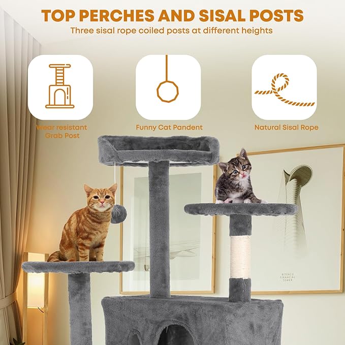 54in Cat Tree Tower for Indoor Cats, Cat Tower with Cat Scratching Post, Multi-Level Cat Furniture, Cat Tower with Funny Toys for Kittens-Light Gray