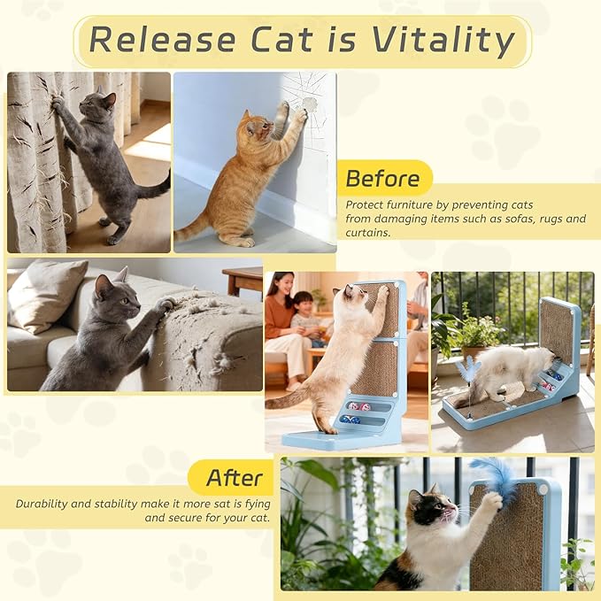 Cat Scratcher Cat Scratch Pad L Shape Wall Mounted Dual Use (Vert/Horiz) Kitten Bunifa Scratching Card Board Vertical Post with Ball Toys Feathers,Protecting Furniture Core is Replaceable Large Blue