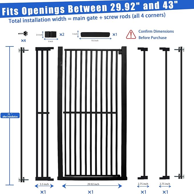 71 Inch Extra Tall Pet Gate for Cats, 29.5-43" Adjustable Wide Dog Gates, Pressure Mounted Walk Through Tall Cat Gate for Doorways,Hallway,Stairs,House（Black）