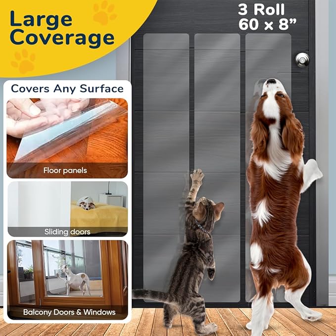 PROTECTO Cat & Dog Scratch Door Protector w/Utility Knife - 3Pack 60x8 Clear Wall Protector for Pet Scratching - Sticky and Self-Adhesive Deterrent Vinyl Surface - Easy Customization & Installation