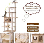 76-Inch Multi-Pure Wood-Level Cat Tree Tower with Condo, 16 Soft Plush Scratching Post,2 Space Capsule, with Cat Hammock,5-Story Perching Platform,Cat Tree for Large Cats.（1115）