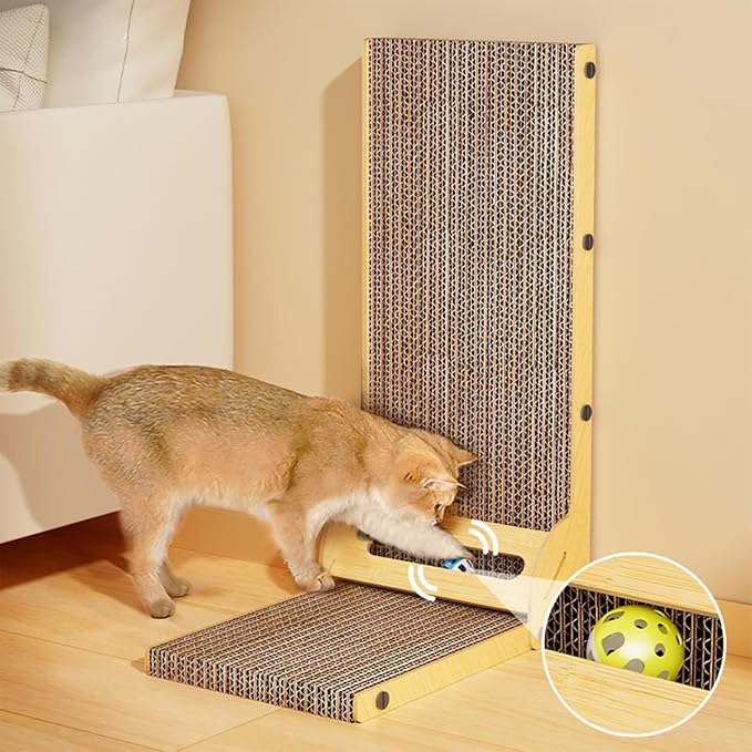 L-Shaped Cat Scratcher for Indoor Cats – Durable Cardboard Scratching Pad with Ball Toy & Catnip, Furniture Protector Cat Scratcher Lounge, Large Cat Scratch Board (Natural Design)