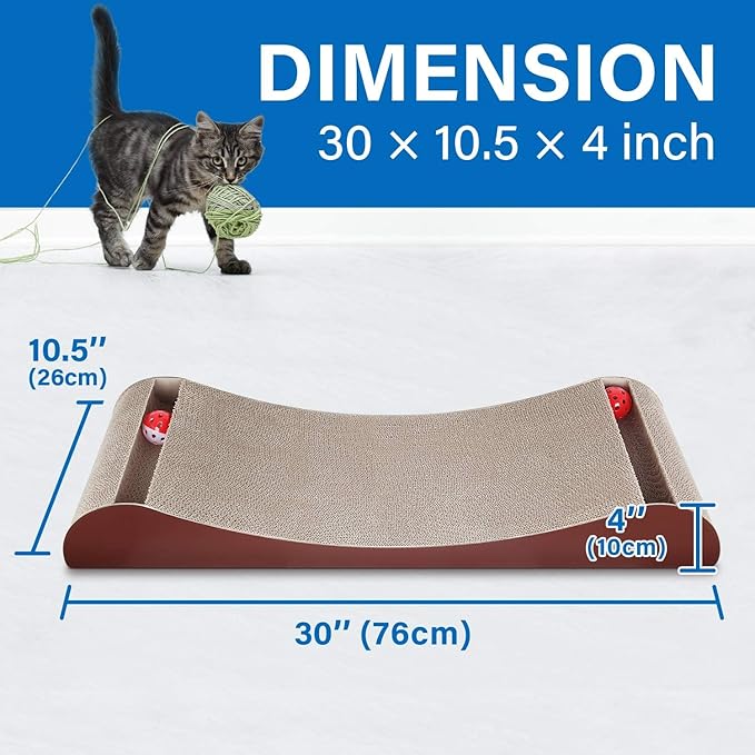 Simple Delxue Cat Scratcher Cardboard Lounge Bed with Bell Ball Toy, 30 Inches Large Horizontal Cat Scratcher Pad, 100% Recyclable & Reversible Durable Cardboard Scratching Board for Indoor Cats
