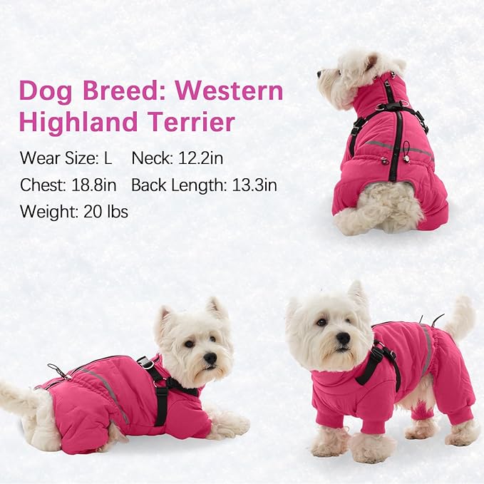 BRKURLEG Dog Winter Coat with Harness Built in, Winter Dog Jacket for Small and Medium Dogs, Small Dogs Snowsuit Reflective Windproof Cold Weather Coat, Puppy Warm Fleece Coats, Hot Pink, XL