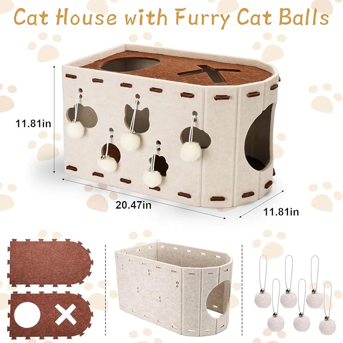 BABORUI Cat House for Indoor Cats, Large Foldable Cat Bed Cave with 5 Fluffy Ball Hanging, Felt Cat Hideaway with 8 Tunnels for Multi Pet Cats Kitten & Adult Play