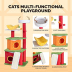 VINGLI 48.5IN Christmas Themed Plush Cat Tree, Multi-Level Cat Tower with 2 Cat Condos, Top Reindeer Antler Perch, Sisal Ramp Scratching Board & Posts, Large Indoor Cat Tree Activity Center Kittens