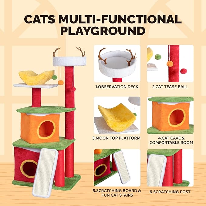 VINGLI 48.5IN Christmas Themed Plush Cat Tree, Multi-Level Cat Tower with 2 Cat Condos, Top Reindeer Antler Perch, Sisal Ramp Scratching Board & Posts, Large Indoor Cat Tree Activity Center Kittens
