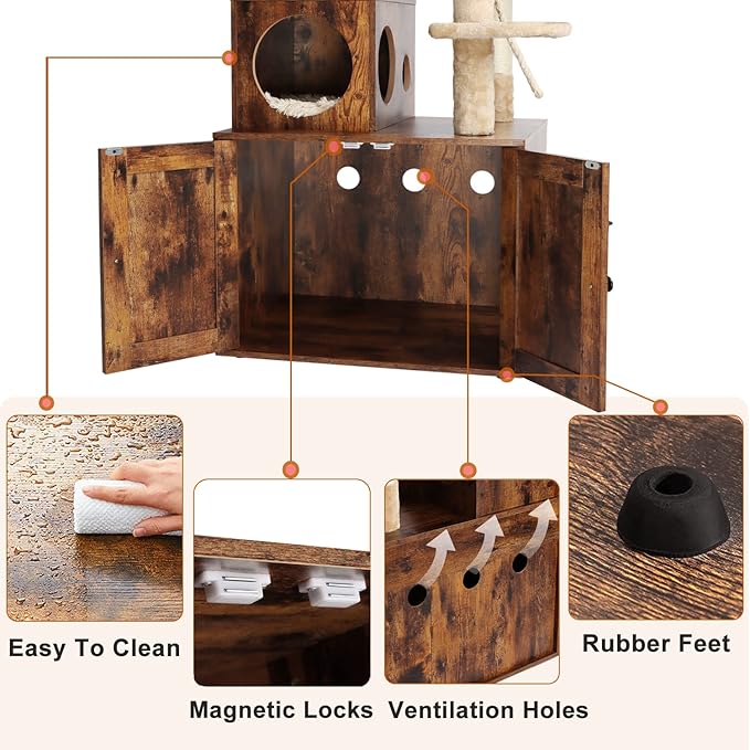 Two Cat Tree with Litter Box Enclosure Bundle, 2-in-1 Cat Tower for Indoor Cats, Large Cat Furniture, Wood Cat Condo