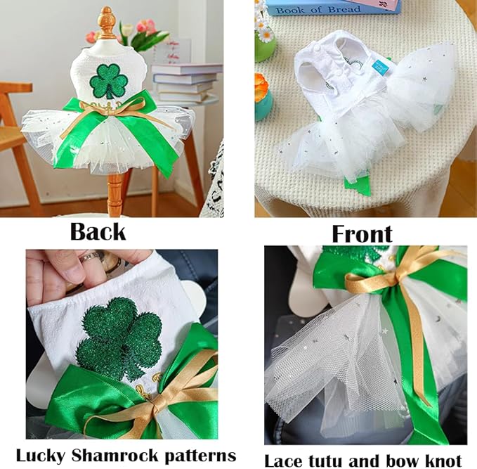 St Patrick's Day Dog Dress for Small Dogs Girl Lucky Shamrock Tutu Dresses with Bow Tie Holiday Puppy Clothes Female Pet Cat Outfit (Green, Large)