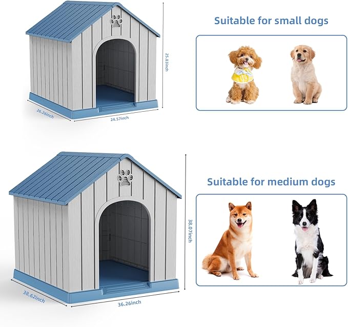 VIXZEN Dog House Outdoor, 26 Inch Resin Dog House Indoor Small Dog - Waterproof & UV-Resistant, Hidden Vents & Stable Structure, Easy Assembly, Versatile Storage, All-Weather Doghouse Outdoor (Blue)