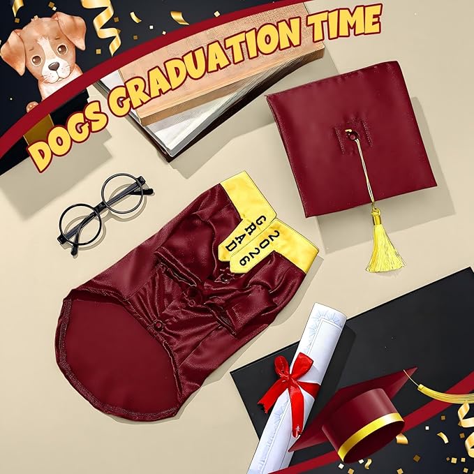 5 Pcs Dog Graduation Costume Set Include 2026 Pet Graduation Gown with Stole Puppy Grad Cap Lensless Glasses DIY Letter Stickers for Dogs Cats Holiday Costume Accessory(Maroon Yellow,M)