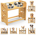Elevated Dog Bowls, Adjustable Raised Dog Bowl Stand for Large and Medium Pet, 15" High Bamboo Pet Food Feeder with 2 Stainless Steel Dishes（6 Heights）
