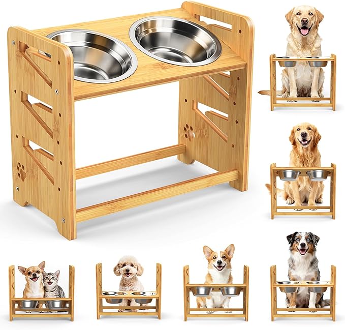Elevated Dog Bowls, Adjustable Raised Dog Bowl Stand for Large and Medium Pet, 15" High Bamboo Pet Food Feeder with 2 Stainless Steel Dishes（6 Heights）