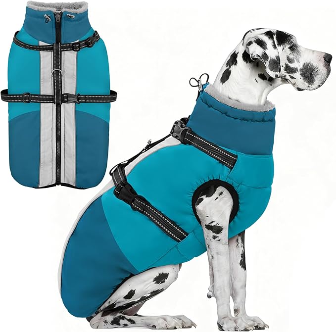 AOFITEE Dog Coats for Large Dogs, Waterproof Dog Winter Jacket with Harness Built in, Warm Large Dogs Coat with Fleece Lined, Zip Up Pets Jackets for Golden Retriever, Weimaraner, Turquoise 2XL