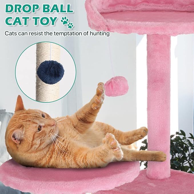 Dkeli Cat Tree for Indoor Cats Condo Tower with Scratching Post Tease Ball Perches Platform Small and Medium 54 Inch Multi-Level, Pink