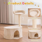 Small Cat Tree Tower with Sisal Scratching Post for Indoor Cats, Cat Condo Cave House with Perch and Playful Toy Feather, Beige (20.27x12.4x29.5 inch)