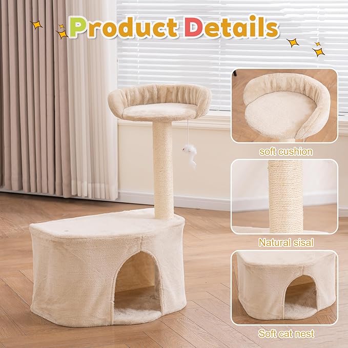 Small Cat Tree Tower with Sisal Scratching Post for Indoor Cats, Cat Condo Cave House with Perch and Playful Toy Feather, Beige (20.27x12.4x29.5 inch)