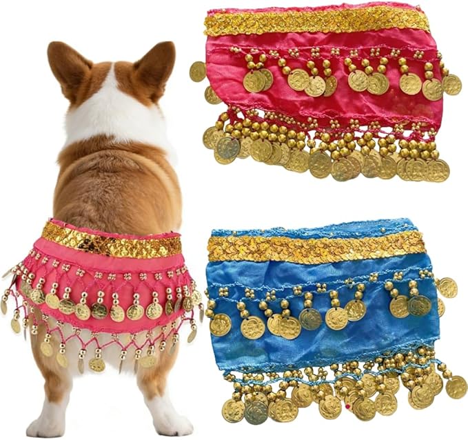 2 Pack Dog Belly Dancer Skirt, Bling Belly Dance Hip Scarf for Corgis Dog Waist Wrap with Sequins Adjustable Puppy Pet Dancing Dress Costumes for Halloween Parties Celebration Performance