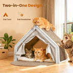 Cat Houses for Indoor Cats - 4 Seasons Cat Bed Cave with Natural Sisal Cat Scratcher Mat, Solid Wood Frame Cat House with Curtains and Cat Floor Scratching Pad Rug, Protect Couch and Carpets, M