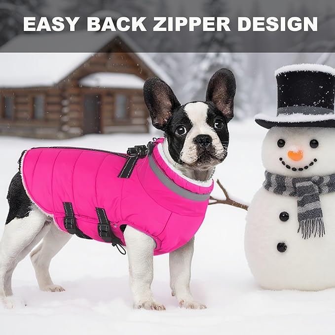 Mklhgty Large Dog Coat with Harness Built-in, Waterproof Reflective Fleece Lined - Warm Windproof Winter Jacket with Back Zipper, Cold Weather Snow Dog Coats - Pink - 2XL
