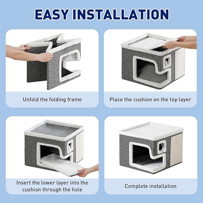 Cat Houses for Indoor Cats,Foldable with Cat Scratch Pad and Hanging Fur Ball - Washable Semi-Enclosed Cat Bed, Warming Comfy Cat Tent,16.5x16.5x12.99inch, Grey