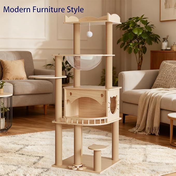 KVIDA Solid Pine Wood Cat Tree for Indoor Cats, 56.7” Tall Modern Cat Tower with Clear Acrylic Hammock & Condo House, Heavy Duty Wooden Cat Tree for Large Cats with Sisal Scratching Posts