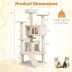 Tangkula Cat Tree Tower, 52 Inch Multi-Level Cat Tower with Sisal Scratching Posts, Cushioned Top Perch, Large Dual Condos & Ladder, 2 Hanging Balls, Jumping Platforms for Indoor Cats (Beige)