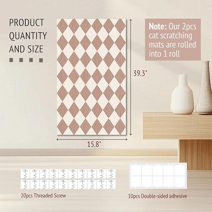 Cat Scratch Furniture Protector,2 PCS Self-Adhesive Cat Scratching Mats,Trimmable DIY Carpet for Couches,Cat Trees and Door,Scratching Post Tower Replacement Pads(39.4"x15.8",Beige-Lattice)