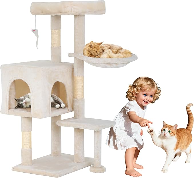 BLKMTY 36" Cat Tree Tall Cat Tower for Indoor Cats Condo Climber with Scratching Post, Climbing Stand, Plush Top Perch and Mouse Toy Cats Playhouse Kitty Activity Trees with Hammock, Beige