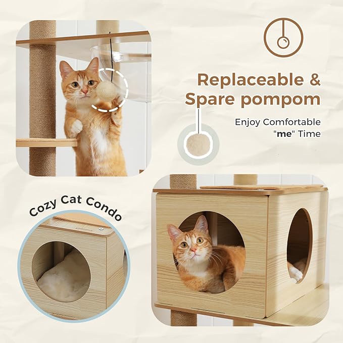 PEQULTI 71'' Cat Tree, Tall Wood Cat Tower for Indoor Cats with 2 Acrylic Cat Hammock, Multi-Level Activity Trees with Scratching Posts, Condo House and Large Top Perch for Large Cats, Beige