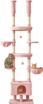 Pink Cat Tree, Floor to Ceiling Cat Tower Adjustable Height [92.9-102.4 in=235-258cm], 7 Tiers Cat Climbing Play House with Scratching Post, Cozy Condo & Hammocks for Indoor Cats