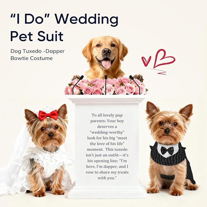 Supet Dog Tuxedo and Bandana Set with Bow Tie, Formal Outfit for Wedding Birthday Party Graduation Valentines, Pet Suit Clothes for Large Medium Small Dogs (Striped, M)