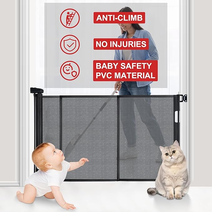 150 inches Retractable Baby Gate, 34 inches Tall Extra Wide Safety Gate for Large Hallways, Open Areas, Pet Zones, Durable Mesh Gate for Kids and Dogs, Black