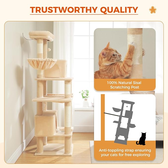 PEQULTI 66" Cat Tree for Indoor Cats, Tall Cat Tower for Large Cats with Scratching Post, Super Large Metal Hammock and 2 Big Condos, Beige
