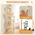 PEQULTI 66" Cat Tree for Indoor Cats, Tall Cat Tower for Large Cats with Scratching Post, Super Large Metal Hammock and 2 Big Condos, Beige