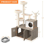 Modern Cat Tree with Hidden Litter Box Cabinet – Multi-Level Cat Condo with Scratching Posts, Perches, Hammock & Basket, Gray