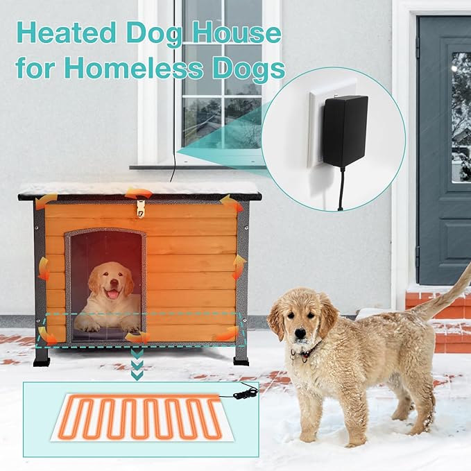 Heated Dog House Outdoor,Anti Bite Iron Frame Dog Kennel with Adjustable Temperature and Time,Insulated Weatherproof Outside Shelter for Feral Animal (Brown, M)