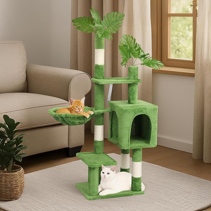 Outvita Cat Tree 48in Monstera Cat Tower with Leaves, Multi-Level Cat Tree Tower with Condo, Cozy Plush Hammock, Dangling Toy, Sisal Scratching Posts, Large Pet Activity Center for Indoor Cats, Green