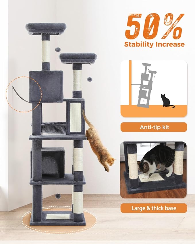 PEQULTI 71'' Cat Tree for Indoor Cats with Big Hammock, Tall Cat Tower for Large Cats with 2 Cat Condo, 2 Soft Top Perch, Scratching Posts and Pad, Dark Grey