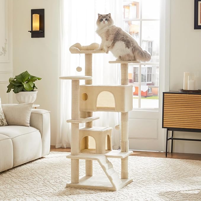 Sweetcrispy 54-Inch Cat Tree Tower – Multi-Level with Sisal Scratching Post, Perfect Pet Gift, Indoor Condo with Climbing Ladder, Plush Toy, and More Animal Stuff, Beige