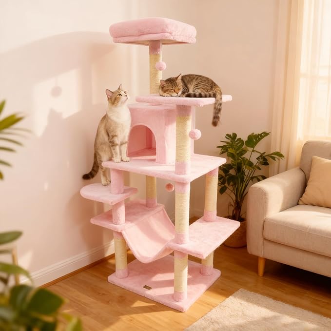 DORTALA Cat Tree for Indoor Cats, 58" Tall Cat Tower with Top Perch, Condo, Hammock, Sisal Scratching Posts, 3 Dangling Balls, Platforms, Multi-Level Pet Climbing Furniture Playground (Pink)
