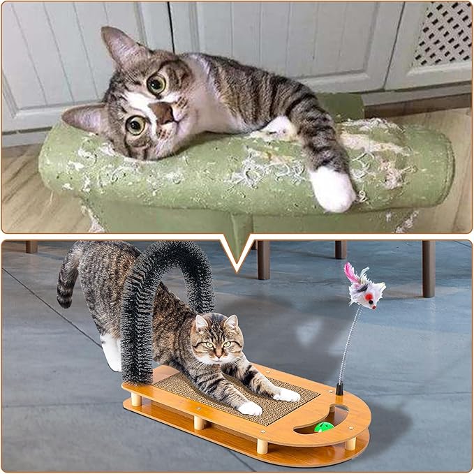 5-in-1 Multifunctional Cardboard Cat Scratcher,Cat Hair Brush for Grooming with Sturdy Cat Scratching Pad and Catnip Toy