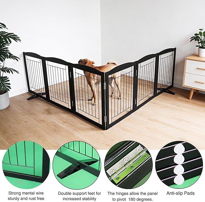 Dog Fence Indoor,Dog Gate Indoor for Doorway pet gate -6-Panel Freestanding, Hallways, House or Stairs -120x32-Inch Retractable Foldable Expandable Wood Pet by SFJC (Black) ﻿