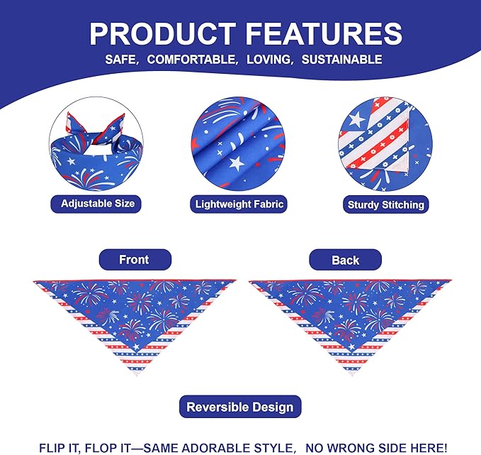4th of July Dog Bandana for Large X-Large Dogs - Double-Sided Patriotic USA Flag Fireworks Stars Tie-On Scarf, Red White Blue for Boy or Girl Pups, 18-23" Neck