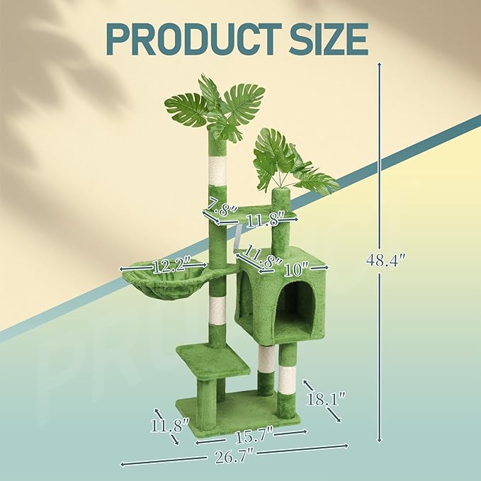 48in Plush Cat Tree with Leaves,Multi-Level Cats Tower,Large Pet Activity Center,with Sisal Scratching Post, Cat Condo, Padded Beds, Cozy Hammock,for Kittens and Indoor Cats (Green)