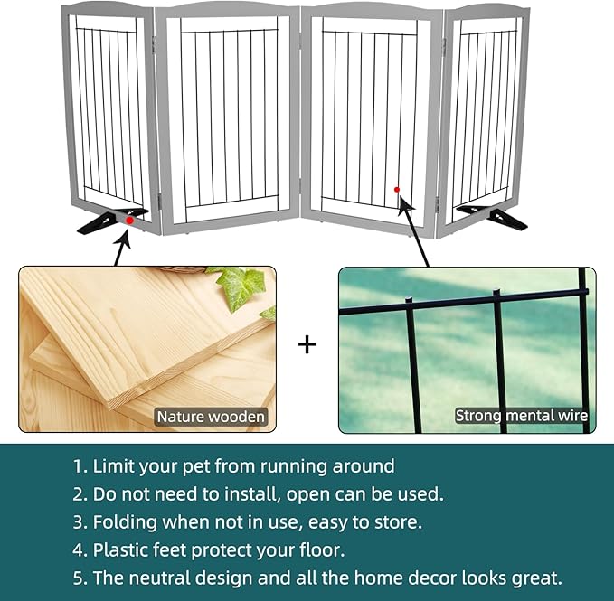 Dog Fence Indoor,Dog Gate Indoor for Doorway pet gate -4-Panel Freestanding, Hallways, House or Stairs -80x32-Inch Retractable Foldable Expandable Wood Pet by SFJC (Grey) ﻿