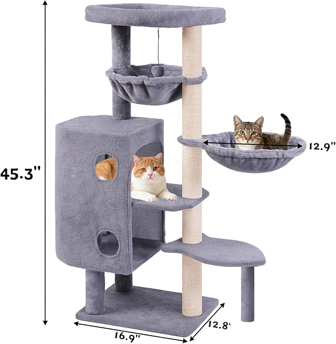 45in Cat Tree Tower with Big Condo for Indoor Cats,Cat Tower with Scratching Post,Scratching Board and Cat Toys,Multi-Level,Small Space,Transformer Cat Tree (Grey+)