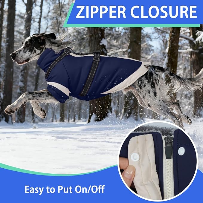 MIGOHI Ultra Thick Dog Jacket,Reflective Medium Dog Coat with Harness Built in,Warm Pet Winter Coat Zip Up Puffer Jacket with Furry Collar for Medium Dogs with Legs Outdoor Adventure,L,NavyBlue