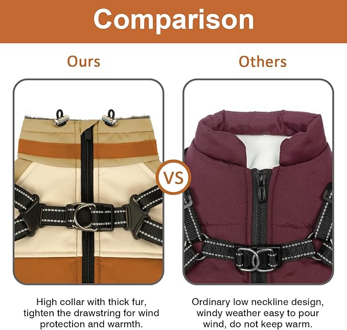Dog Winter Coat - Waterproof Jacket, Windproof & Warm, Turtleneck Fleece Vest with Built-in Harness, Reflective Snowsuit for Small to XXL Dogs, Orange