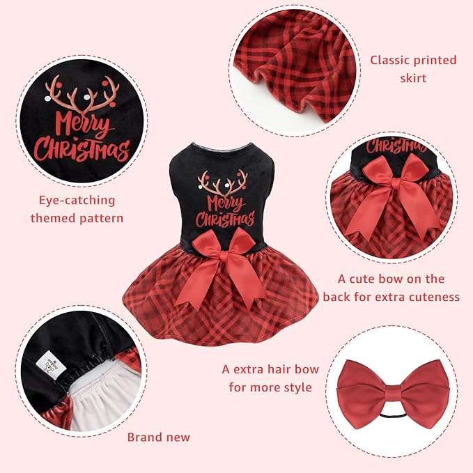 CuteBone Christmas Dog Dresses Velvet Holiday Small Dogs Clothes Onesie Pet Apparel Girl Puppy Skirt with Bow Hair Rope CVA59XS-D